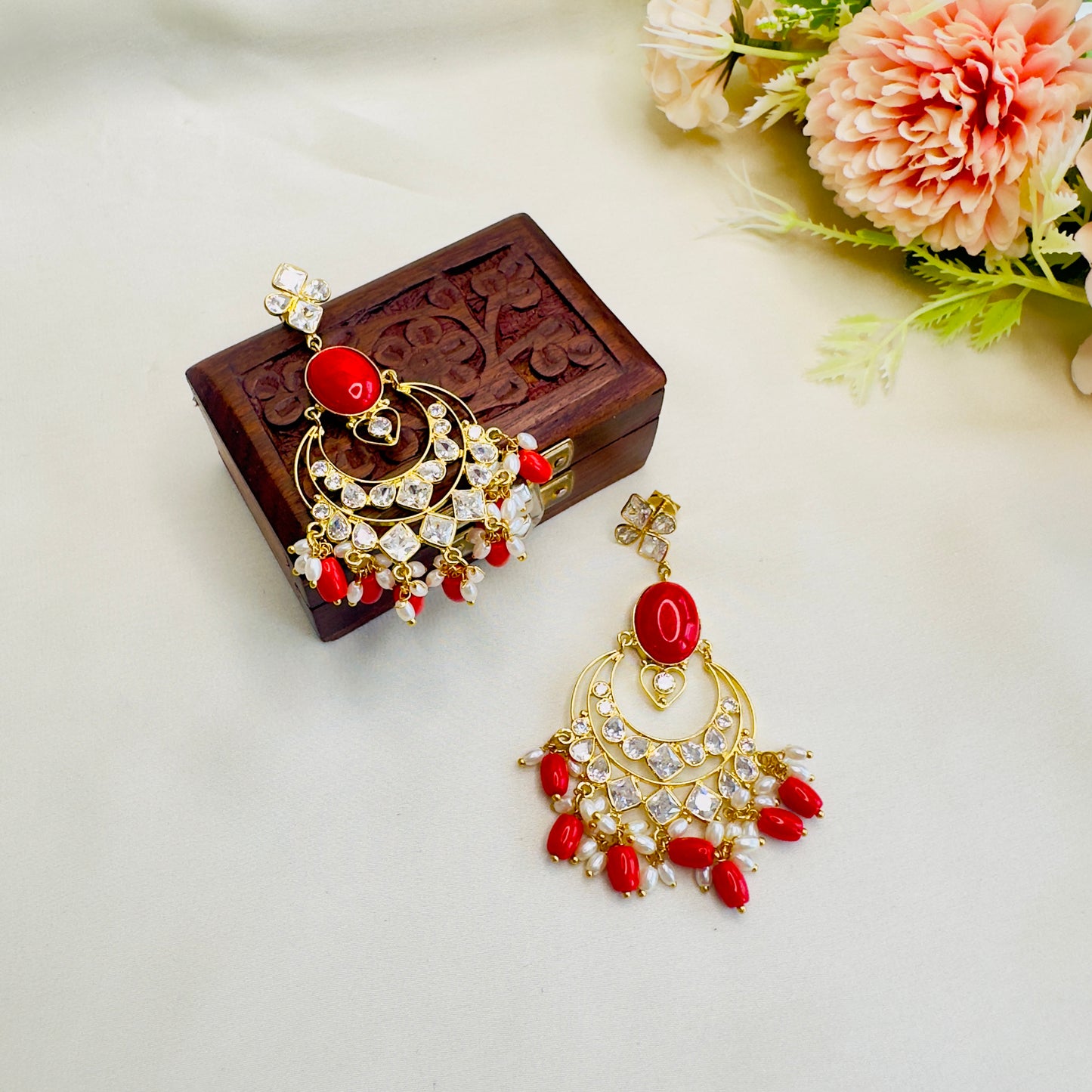 Coral Beads Kundan Earrings