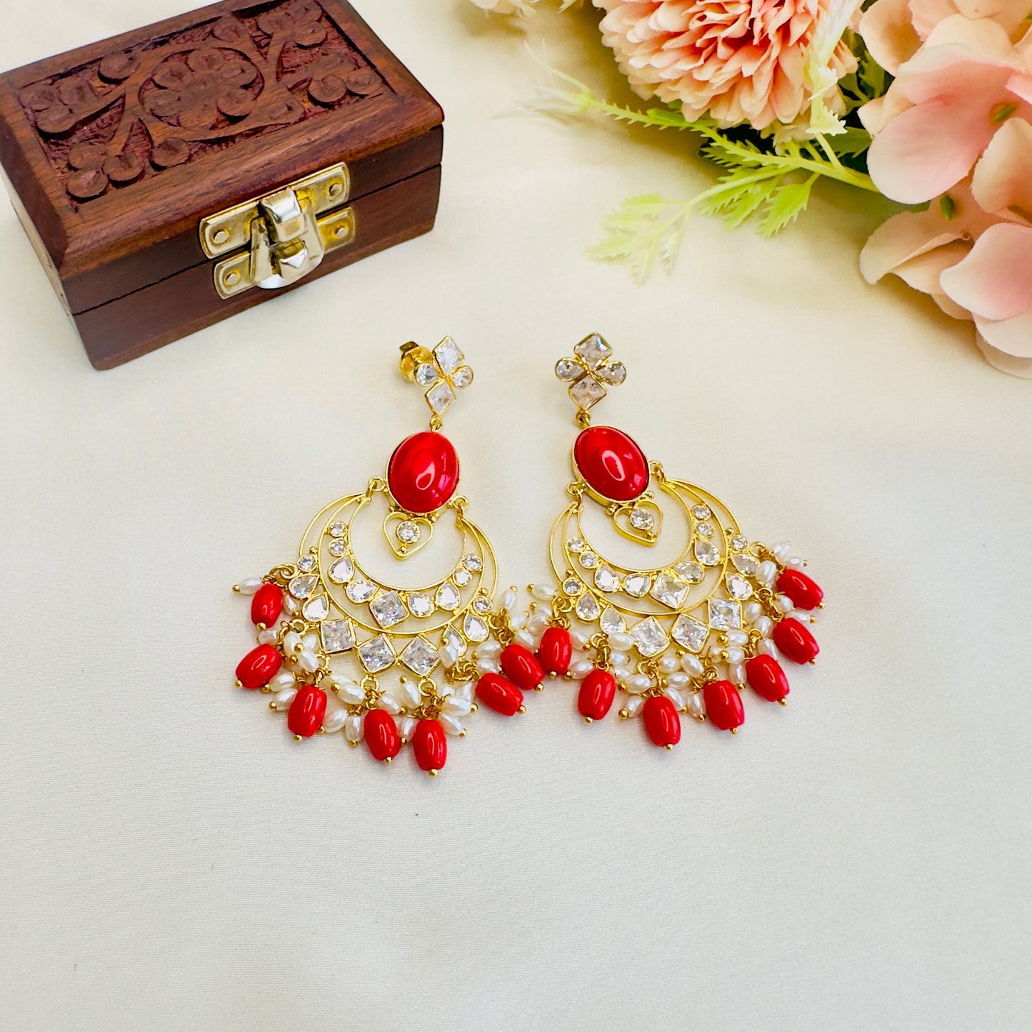 Coral Beads Kundan Earrings