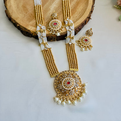 Golden White Long Rajwadi Necklace Set