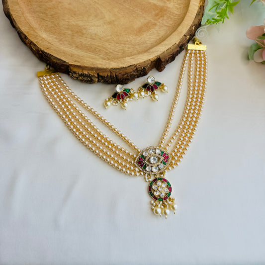 Four Layer Pearl Mala with Jadau Pendant Set