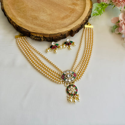 Four Layer Pearl Mala with Jadau Pendant Set