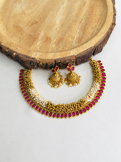Golden Pearl Work Necklace Set