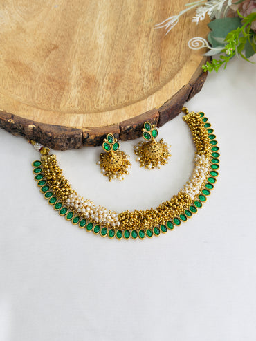Golden Pearl Work Necklace Set