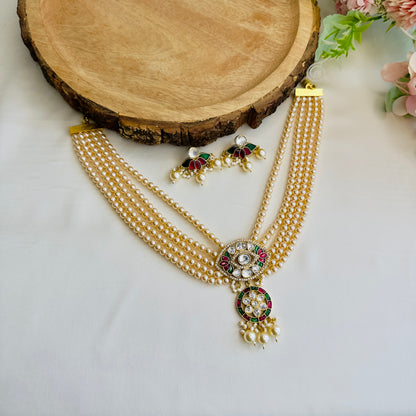Four Layer Pearl Mala with Jadau Pendant Set