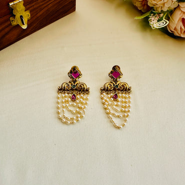 Layered Pearl Ruby Green Earrings