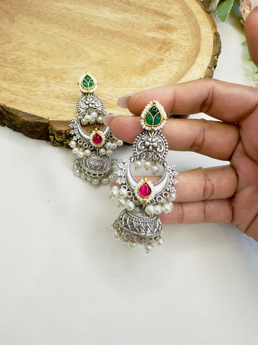 Pachi Kundan Silver Replica Mid Length Jhumka