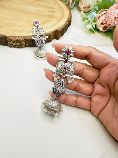 Sleek Long Silver Replica Jhumka Earrings