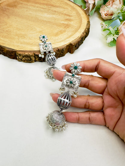 Sleek Long Silver Replica Jhumka Earrings