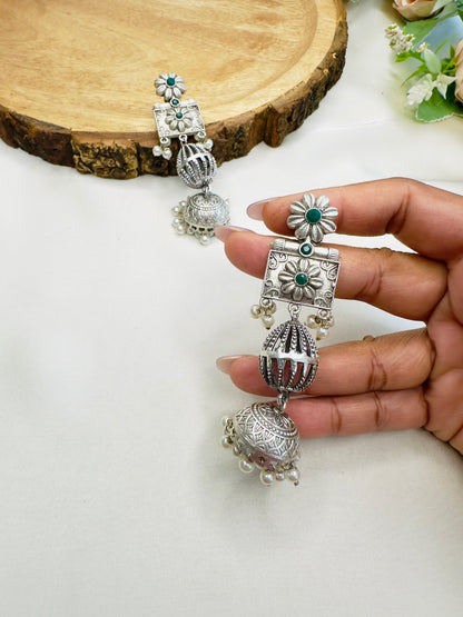 Sleek Long Silver Replica Jhumka Earrings