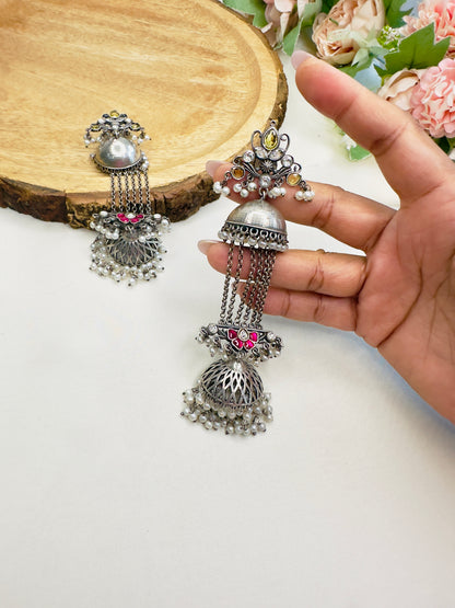 Pachi Kundan Silver Replica Chain Jhumka Earrings