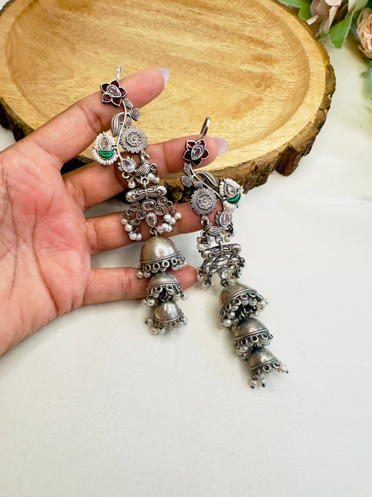 Three Jhumki Silver Replica Earrings with Ear cuff