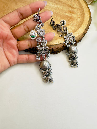 Three Jhumki Silver Replica Earrings with Ear cuff