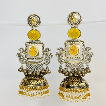 Dual Tone Peacock Silver Jhumka Earrings