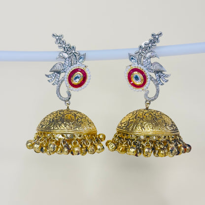 Dual Tone AD Peacock Jhumka Earrings