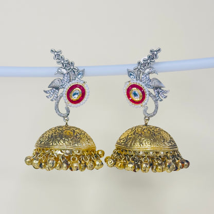 Dual Tone AD Peacock Jhumka Earrings