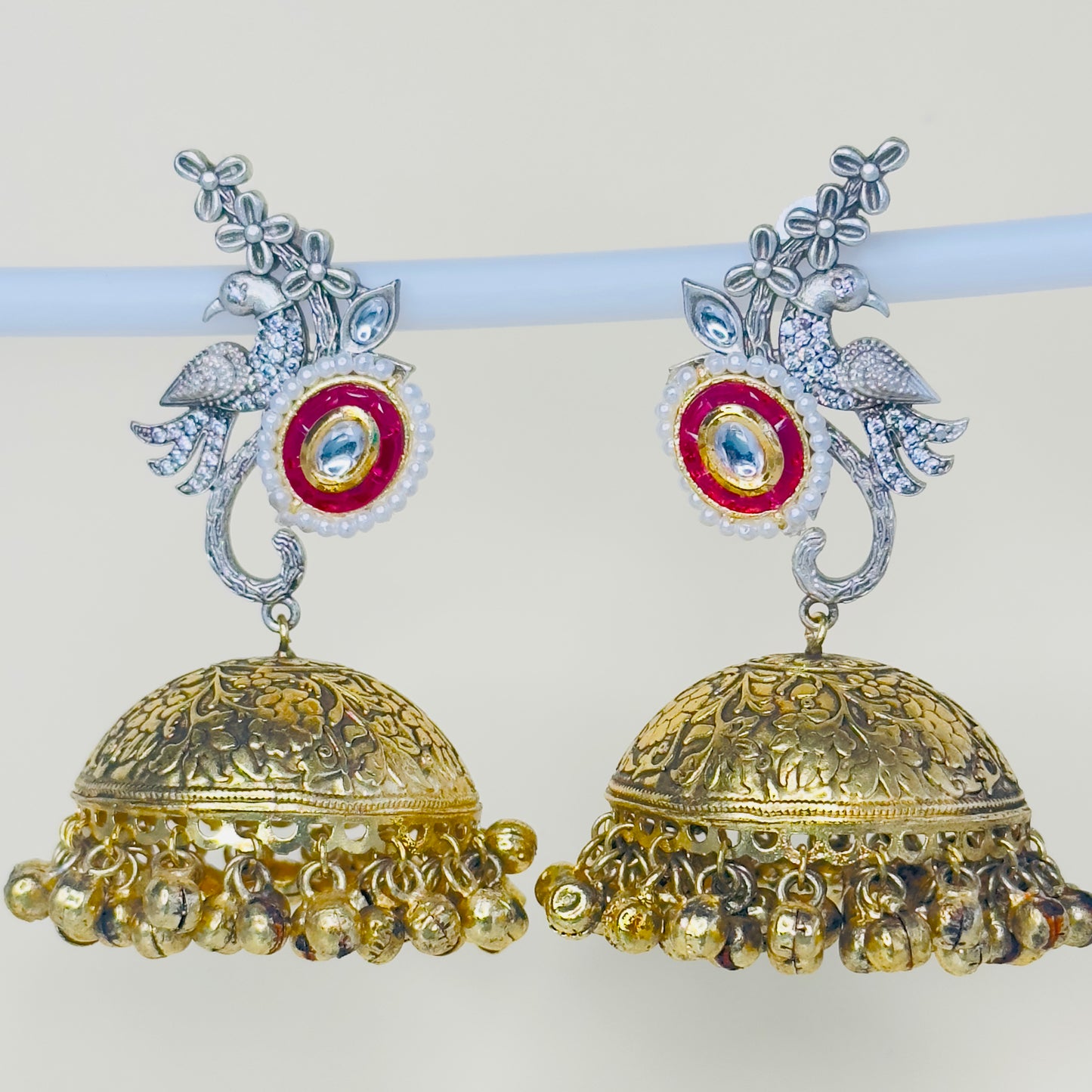 Dual Tone AD Peacock Jhumka Earrings