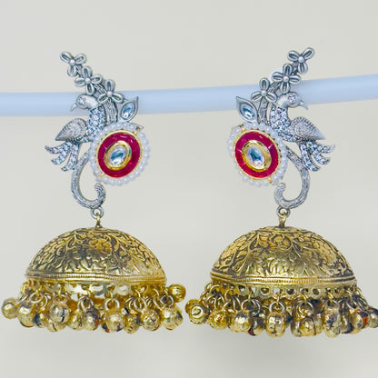 Dual Tone AD Peacock Jhumka Earrings