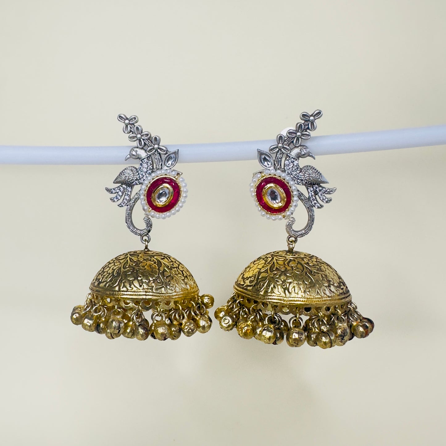 Dual Tone AD Peacock Jhumka Earrings