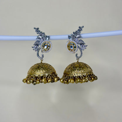 Dual Tone AD Peacock Jhumka Earrings