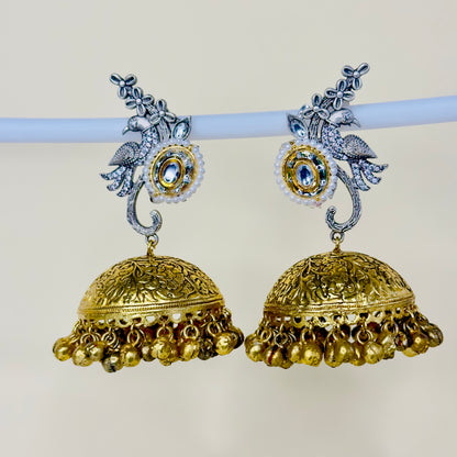 Dual Tone AD Peacock Jhumka Earrings