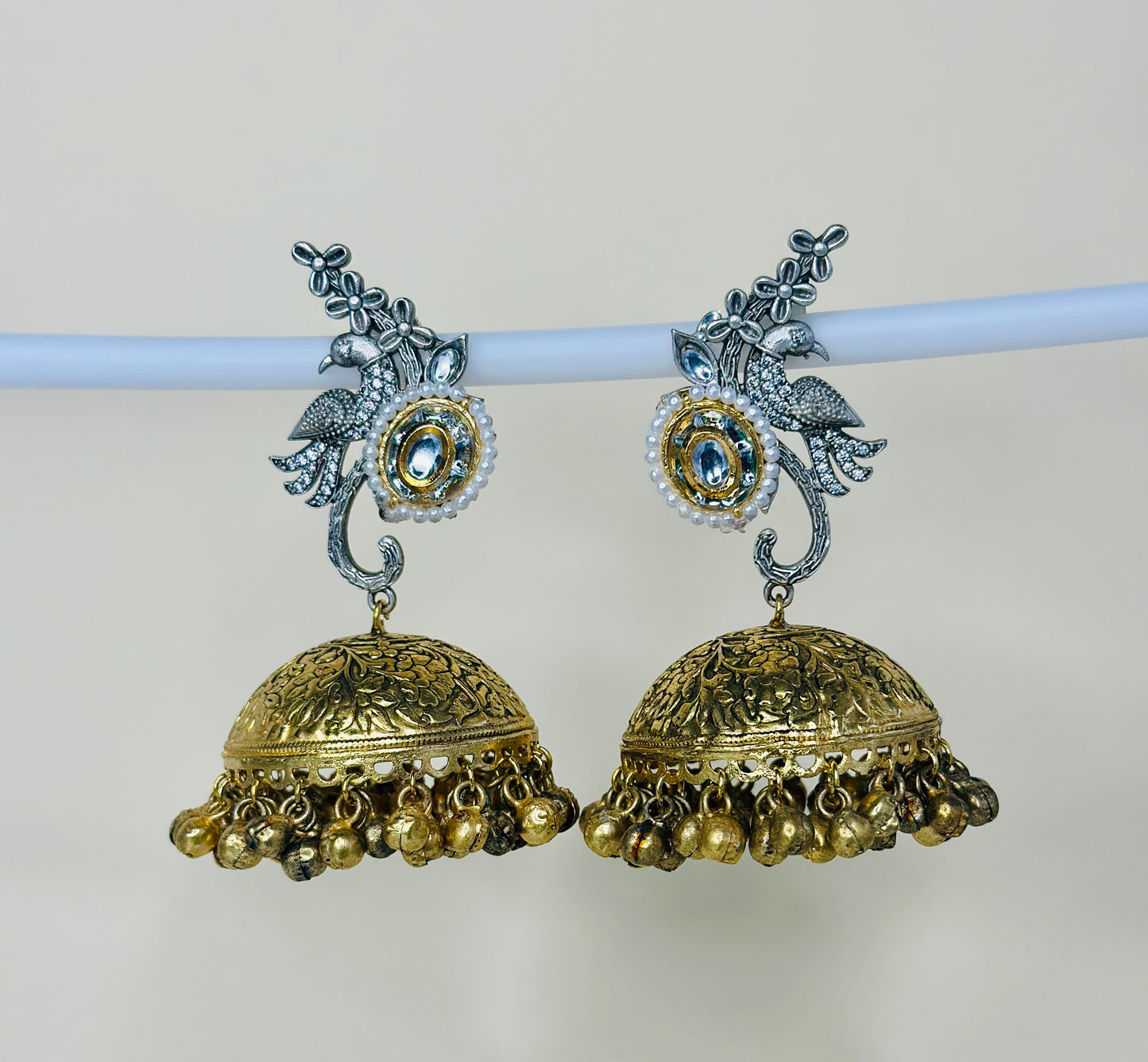 Dual Tone AD Peacock Jhumka Earrings