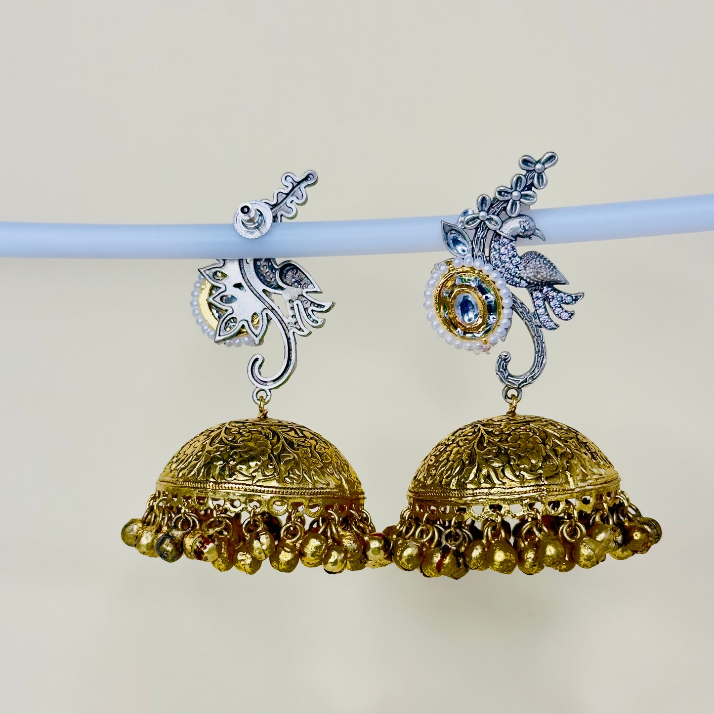 Dual Tone AD Peacock Jhumka Earrings