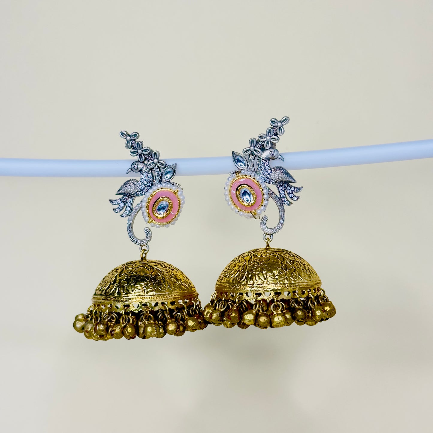 Dual Tone AD Peacock Jhumka Earrings