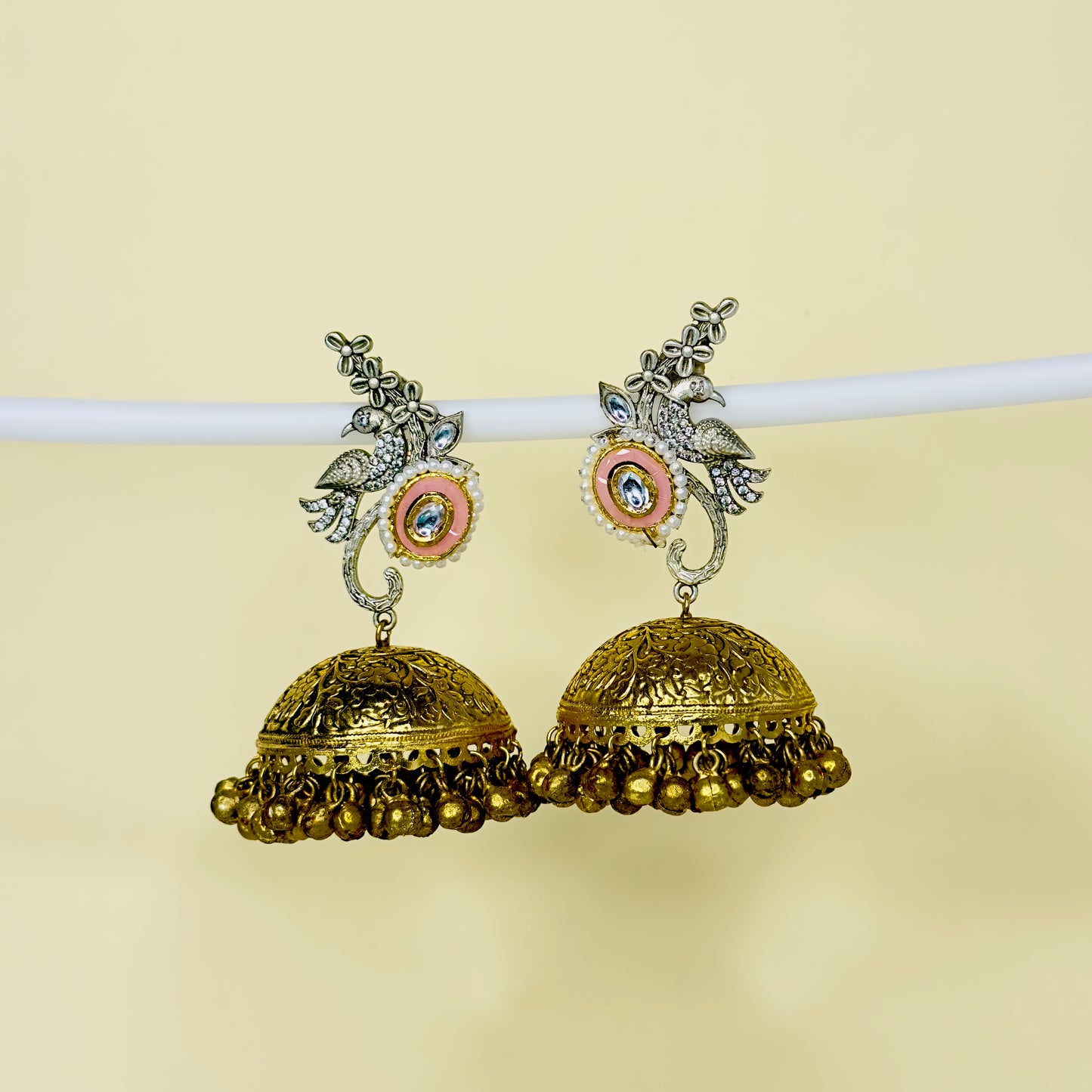 Dual Tone AD Peacock Jhumka Earrings