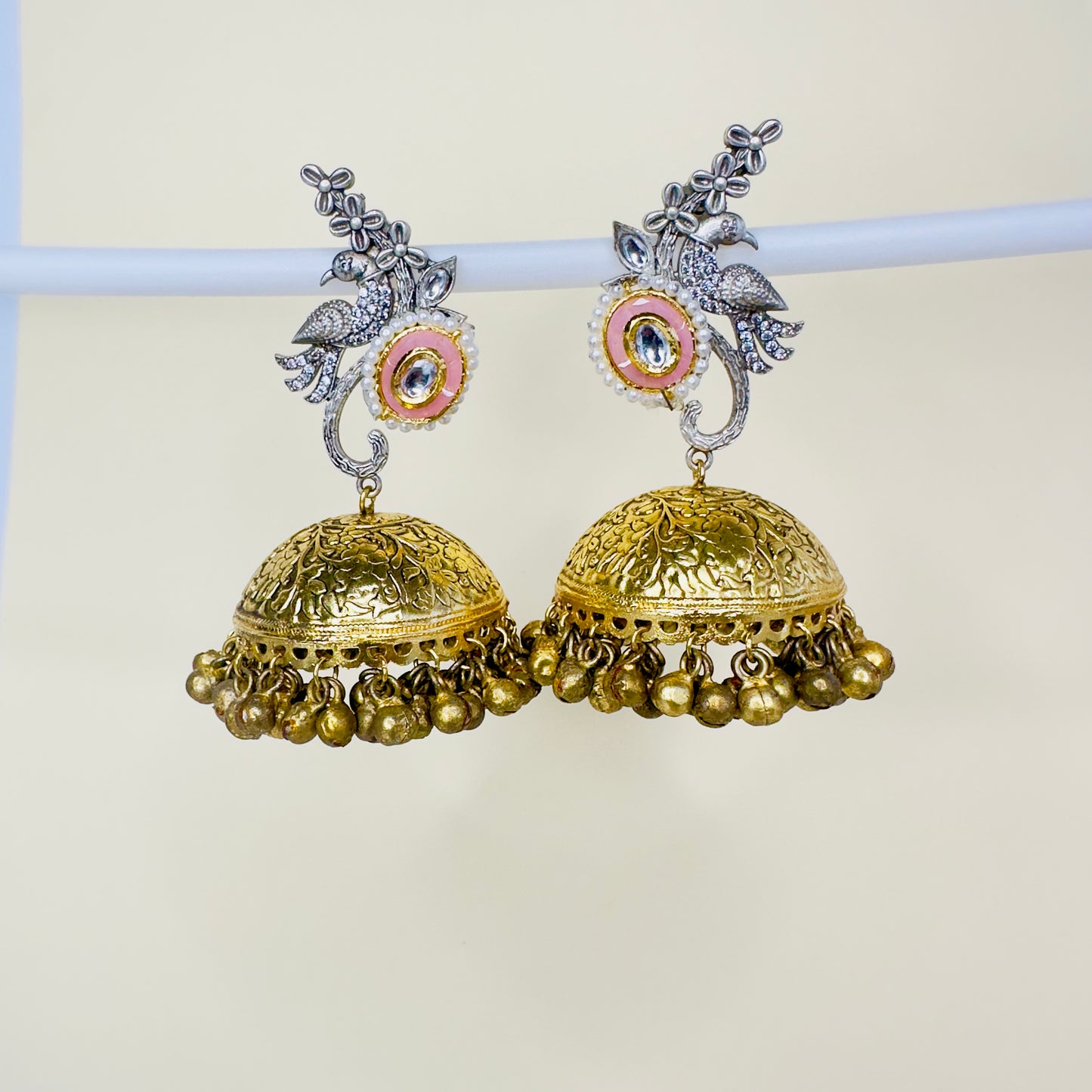 Dual Tone AD Peacock Jhumka Earrings