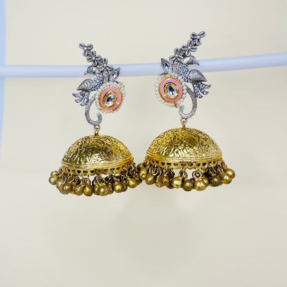 Dual Tone AD Peacock Jhumka Earrings