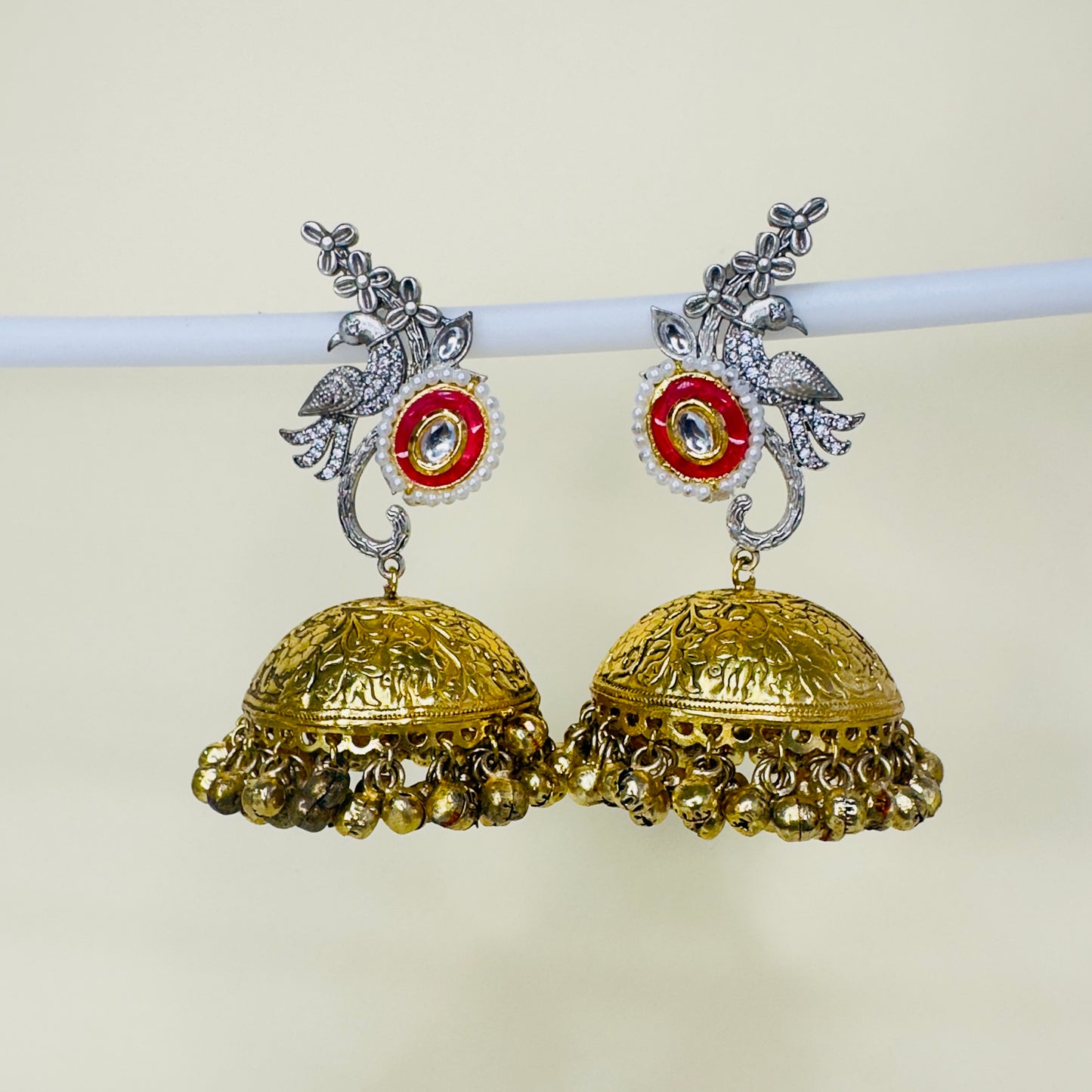 Dual Tone AD Peacock Jhumka Earrings