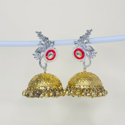 Dual Tone AD Peacock Jhumka Earrings