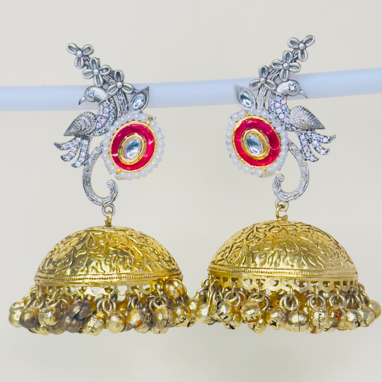 Dual Tone AD Peacock Jhumka Earrings