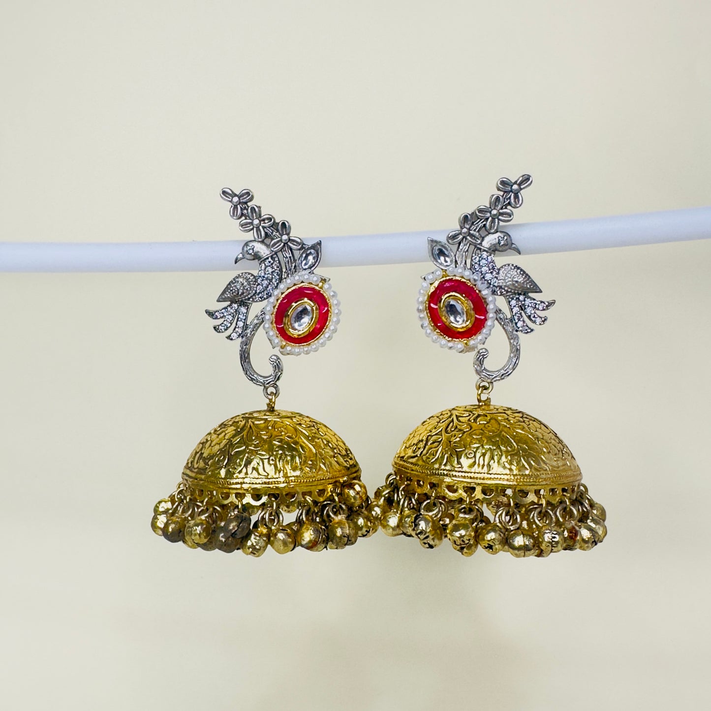 Dual Tone AD Peacock Jhumka Earrings