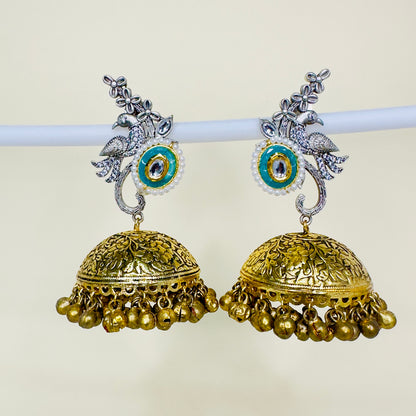 Dual Tone AD Peacock Jhumka Earrings