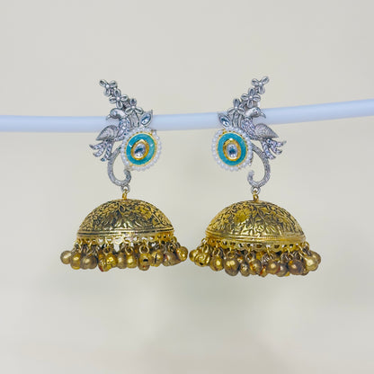 Dual Tone AD Peacock Jhumka Earrings