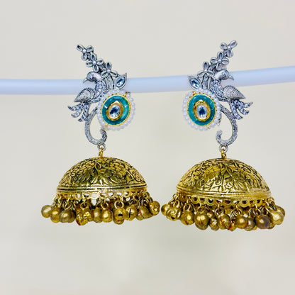 Dual Tone AD Peacock Jhumka Earrings