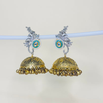 Dual Tone AD Peacock Jhumka Earrings