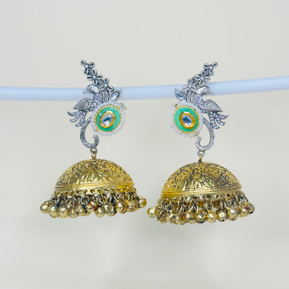 Dual Tone AD Peacock Jhumka Earrings