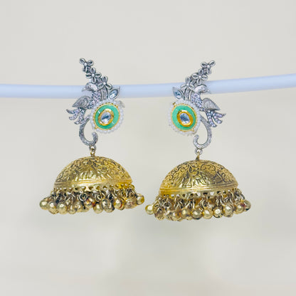 Dual Tone AD Peacock Jhumka Earrings