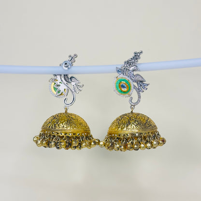 Dual Tone AD Peacock Jhumka Earrings