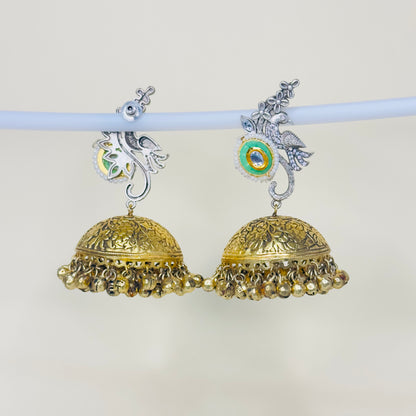 Dual Tone AD Peacock Jhumka Earrings