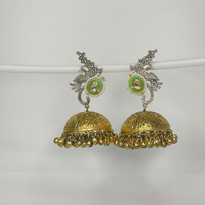 Dual Tone AD Peacock Jhumka Earrings