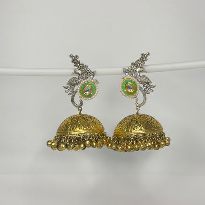 Dual Tone AD Peacock Jhumka Earrings