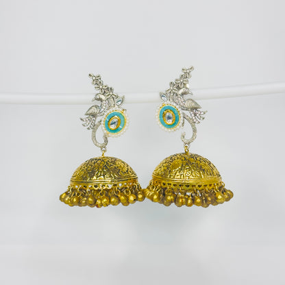 Dual Tone AD Peacock Jhumka Earrings