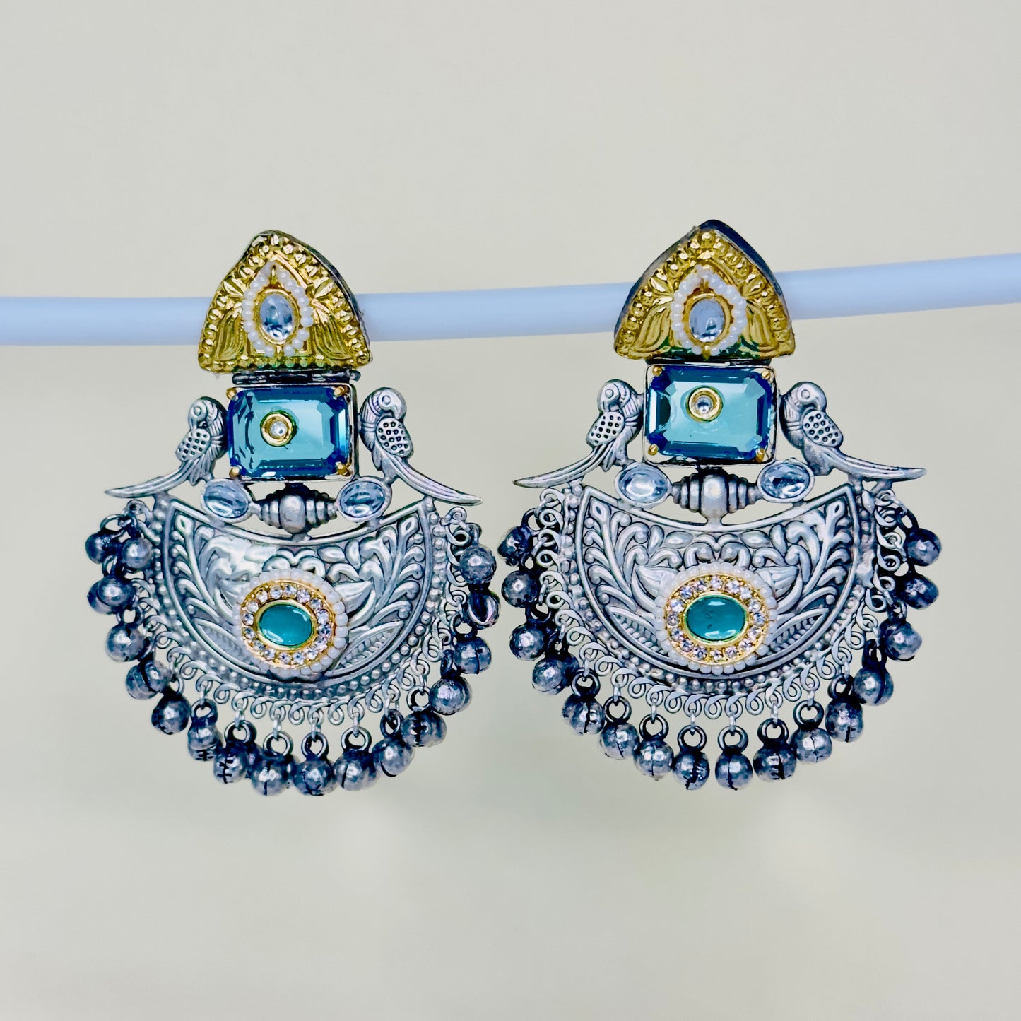 Dual Tone Parrot Chandbali Earrings