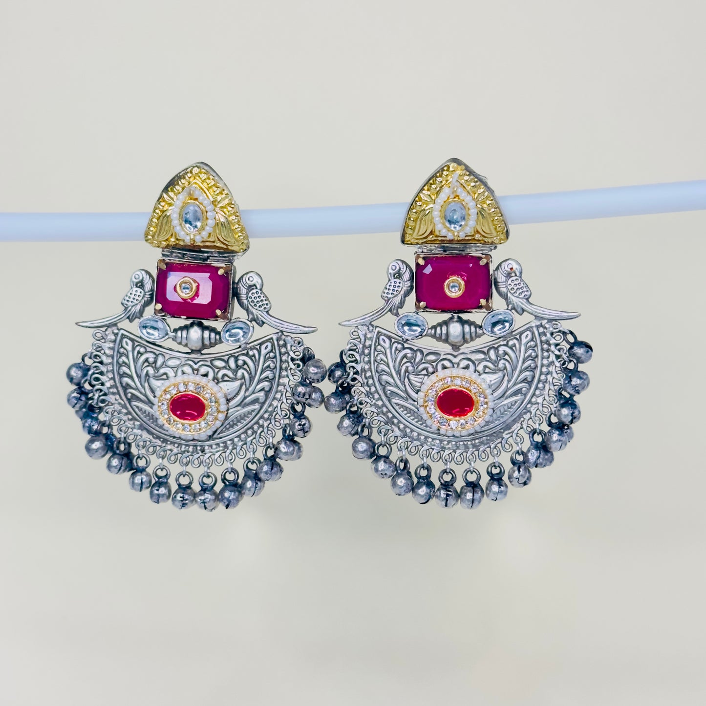 Dual Tone Parrot Chandbali Earrings