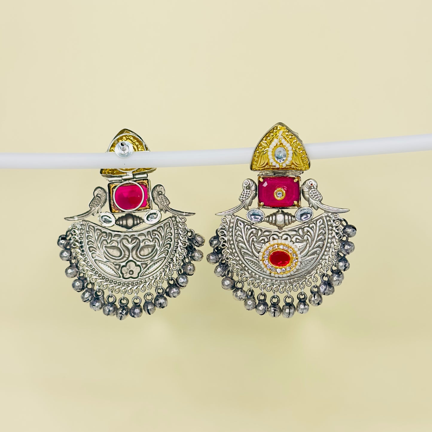 Dual Tone Parrot Chandbali Earrings