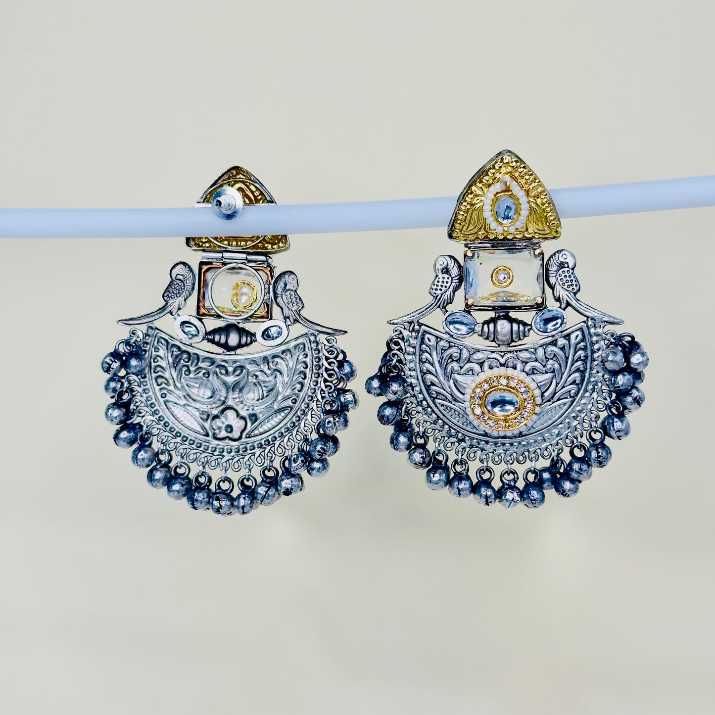 Dual Tone Parrot Chandbali Earrings