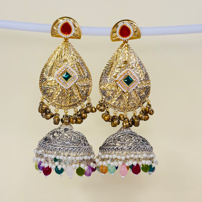 Dual Tone Leaf Jhumka Earrings